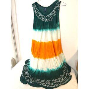 True Rock Dress Womens Free Size Boho Embroidered Tie Dye Sleeveless Tunic Green